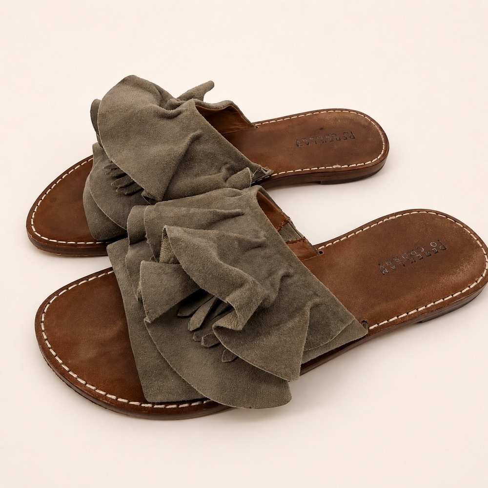 Derek Lam 10 Crosby Women 7 Ann Slide Sandals Ruffle Suede Tan Flat Earthy Girly